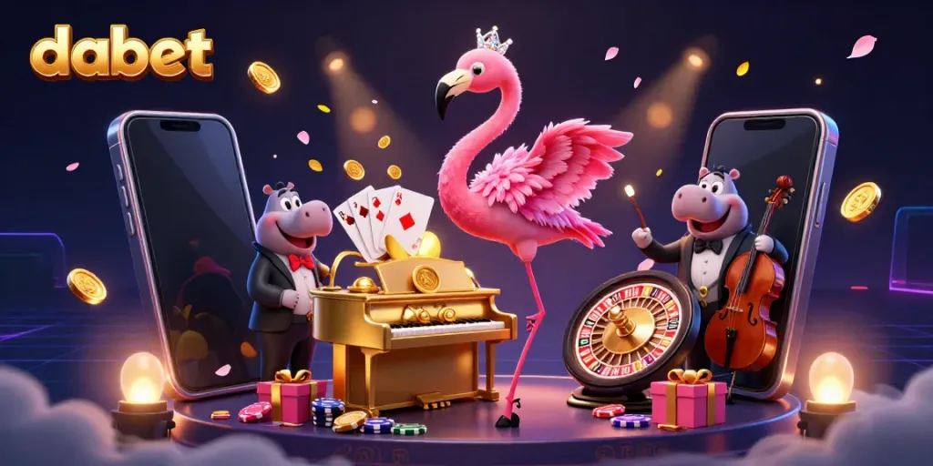 Dabet showcases a vibrant gaming scene with a flamingo singer and hippo bassist, capturing the excitement of casino gaming.