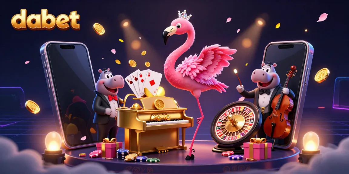 Dabet showcases a vibrant gaming scene with a flamingo singer and hippo bassist, capturing the excitement of casino gaming.