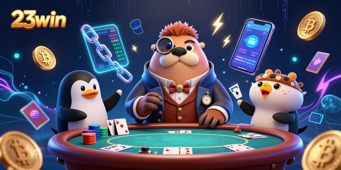 Experience thrilling poker action at 23win with a walrus, penguin dealer, and bluffed pufferfish player.
