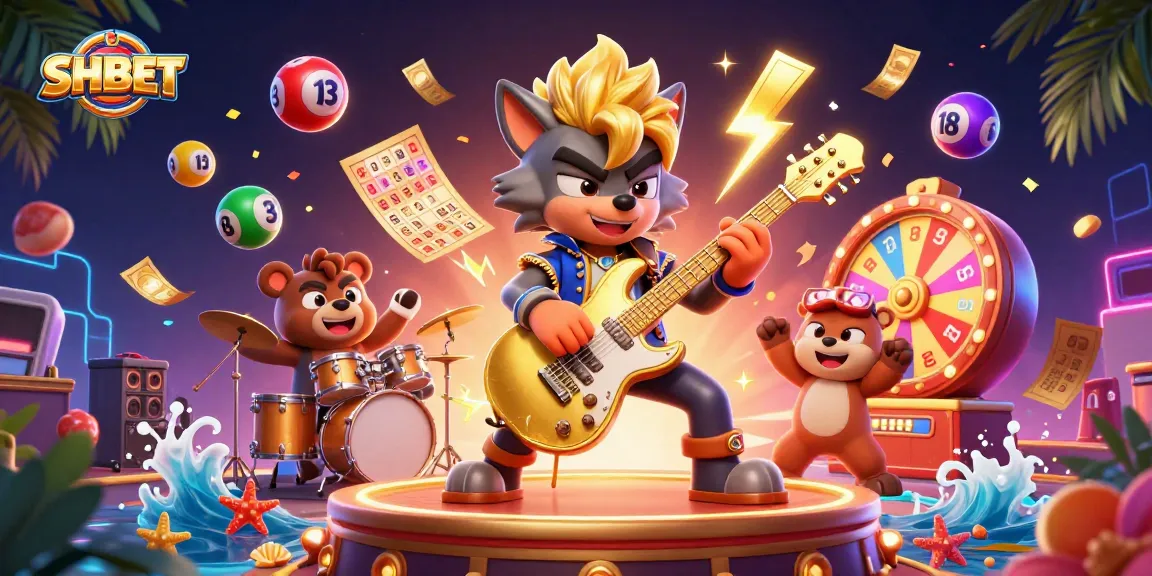 SHBET ignites excitement with a rock star wolf and bear in a vibrant casino scene.