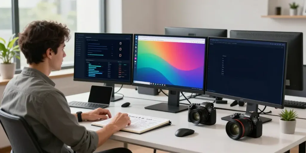 Instant indexing workspace with analytics displays and tech tools in a modern office.