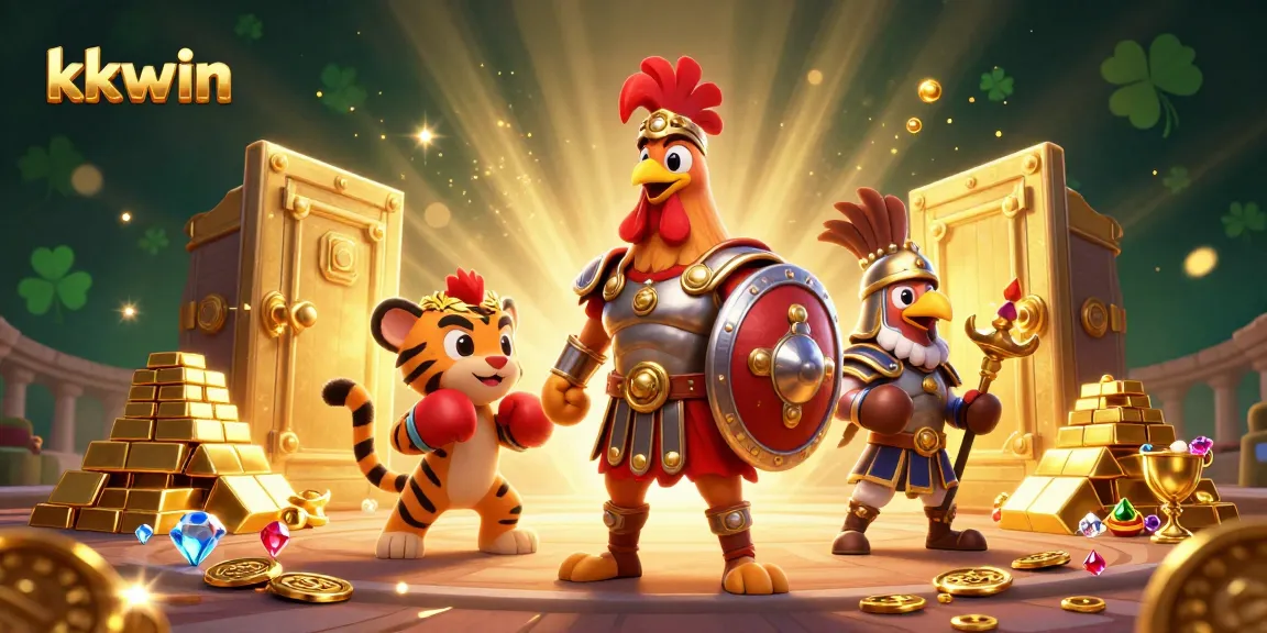 Experience the thrill of winning at kkwin with an action-packed casino scene featuring a gladiator rooster and treasure.
