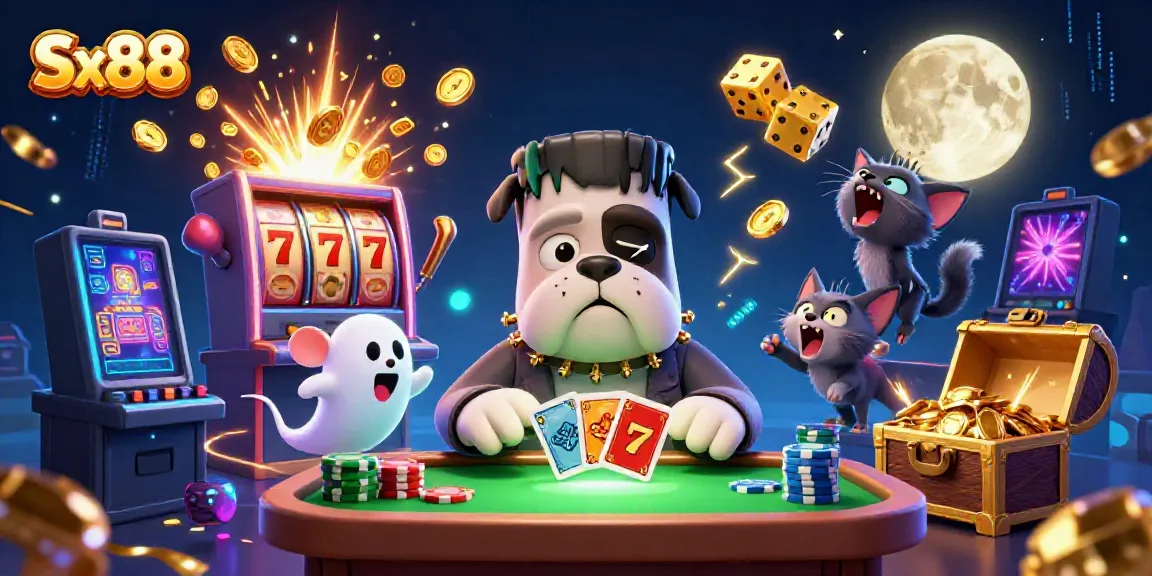 Sx88 dealer using cards at an exciting casino scene with vibrant slot machines and floating gold coins.