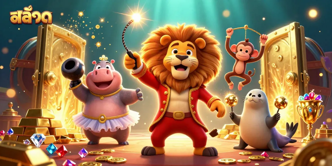 Spin สล็อต reels with vibrant 3D circus characters surrounding dazzling casino treasures.