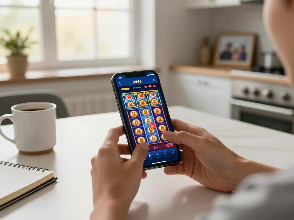Engaging with the SV66 gaming app on a smartphone while enjoying casual gameplay at home