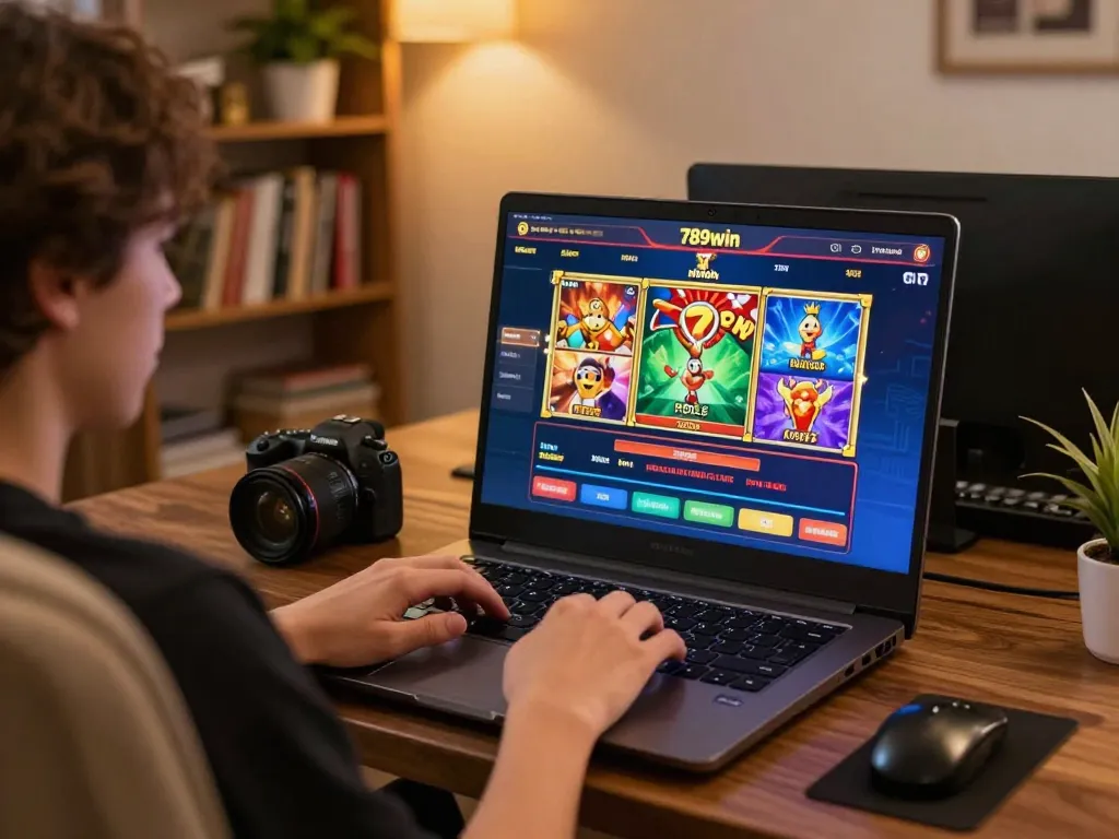 Engaging in thrilling gameplay on 789win online casino with laptop in cozy home setting