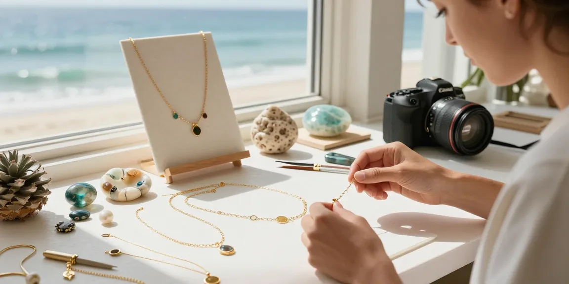 Creating a recycled gold necklace in a serene coastal jewelry studio.