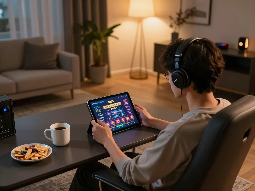 Person playing online casino games at Ko66 from a cozy home setup with snacks and coffee