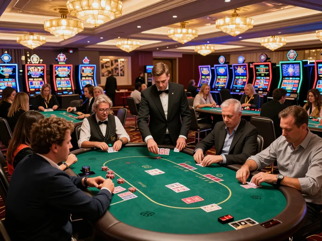 C168 casino gaming atmosphere with players at poker tables, dynamic lighting, and elegant decor