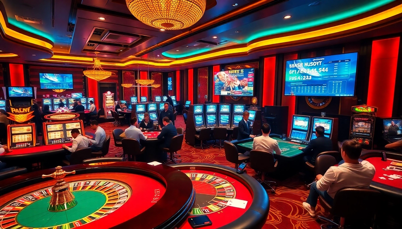 Exciting gambling scene at https://f168.news/ featuring poker tables and vibrant slot machines.