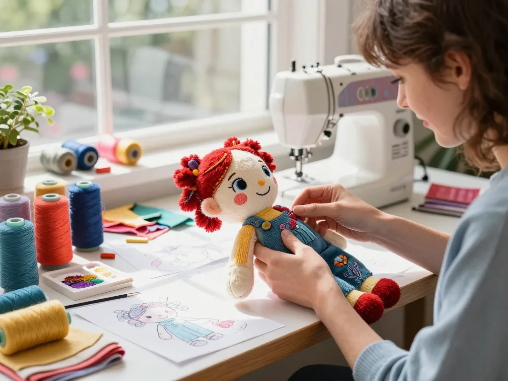 Creating custom plushies in a vibrant workshop with colorful fabrics and joyful atmosphere.