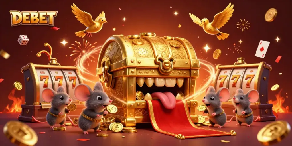 Exciting DEBET illustration featuring a treasure chest and gambling symbols enticing players with rewards.
