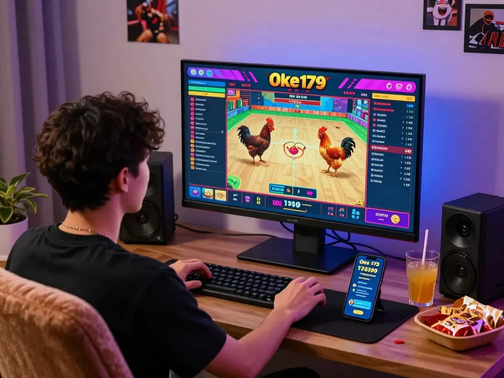 Engaging player experiencing the excitement of Oke179 online gambling with vibrant visuals and cozy setup.
