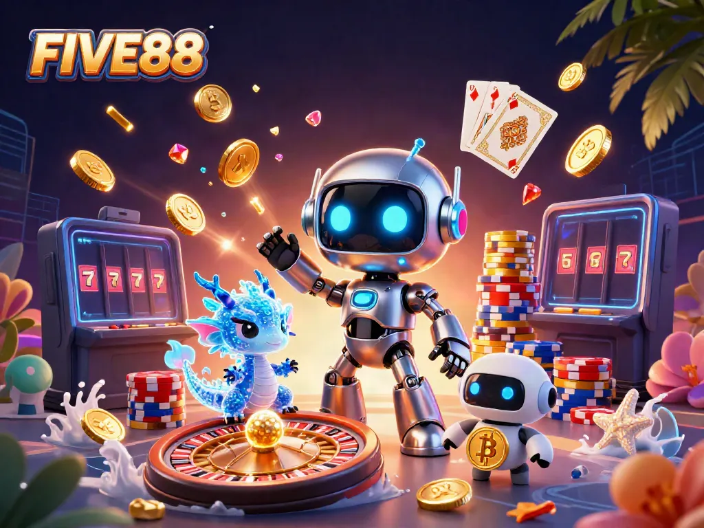 Engage with FIVE88's exciting gaming universe, featuring vibrant characters and casino elements.