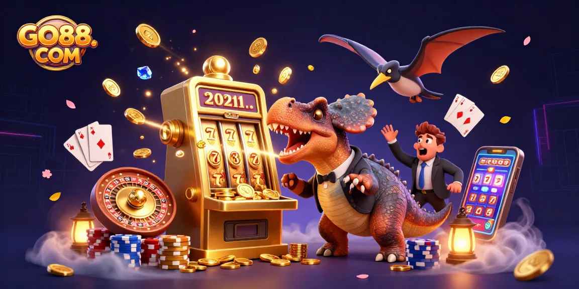 Experience thrilling wins at GO88. COM with illustrations of jackpot slots and animated casino action.