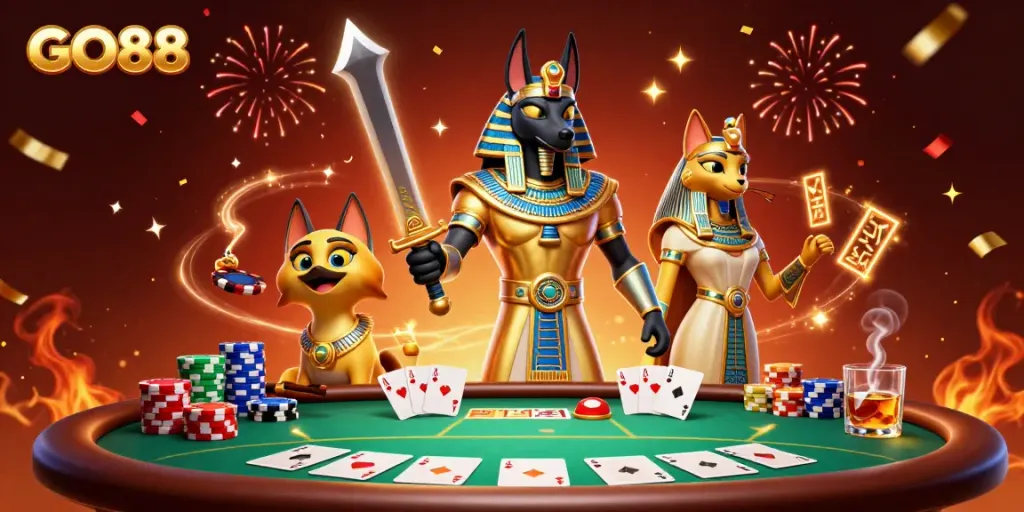 Experience the thrill of GO88 with Anubis and Bastet in a vibrant casino scene filled with poker excitement.