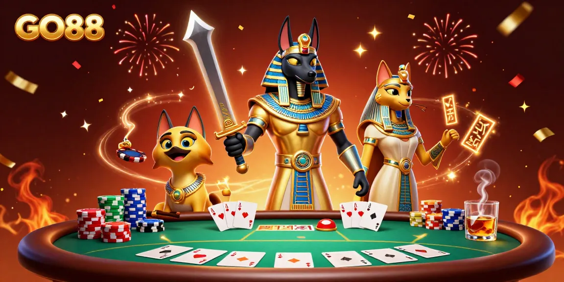 Experience the thrill of GO88 with Anubis and Bastet in a vibrant casino scene filled with poker excitement.