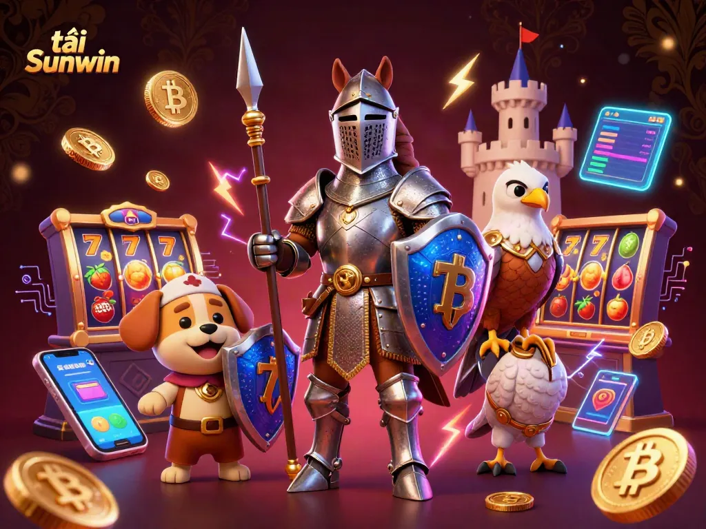 Engage in thrilling gameplay and tải Sunwin with this vibrant 3D illustration featuring knights and coins.