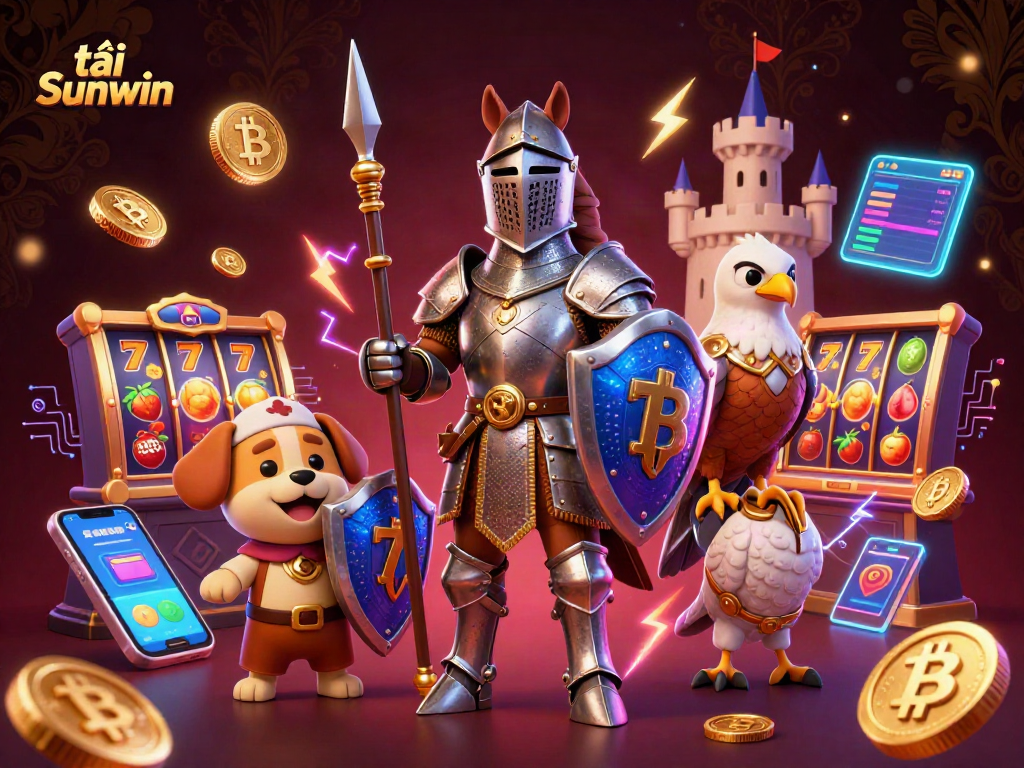 Engage in thrilling gameplay and tải Sunwin with this vibrant 3D illustration featuring knights and coins.