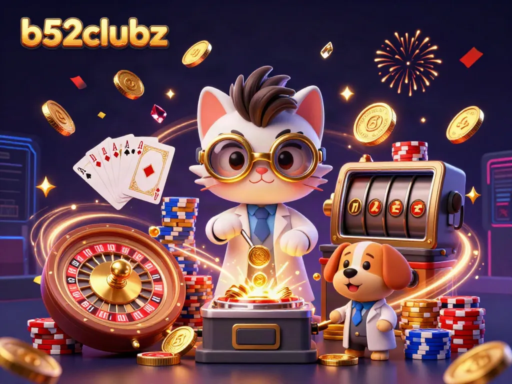 Play and win with b52clubz in a vibrant 3D casino scene filled with golden bubbles and sparkles.