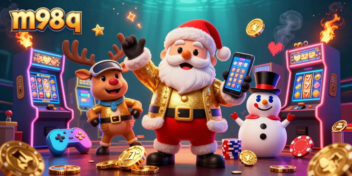 Experience the thrill of m98 q with Santa's jackpot slots, surrounded by vibrant casino elements.