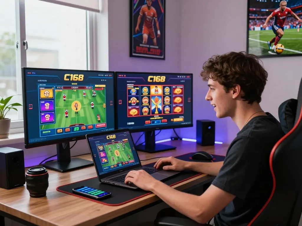 C168 platform user enjoying various games in a lively, modern gaming setup.