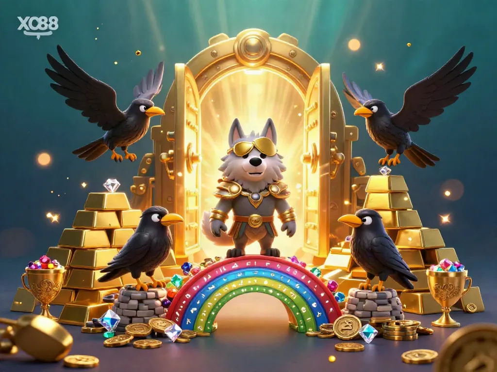 Witness the legendary XO88 casino universe with Odin and his ravens amid vibrant treasures.