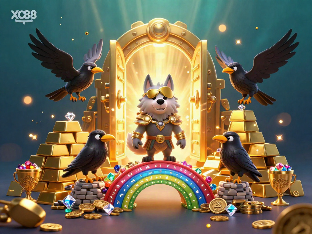 Witness the legendary XO88 casino universe with Odin and his ravens amid vibrant treasures.
