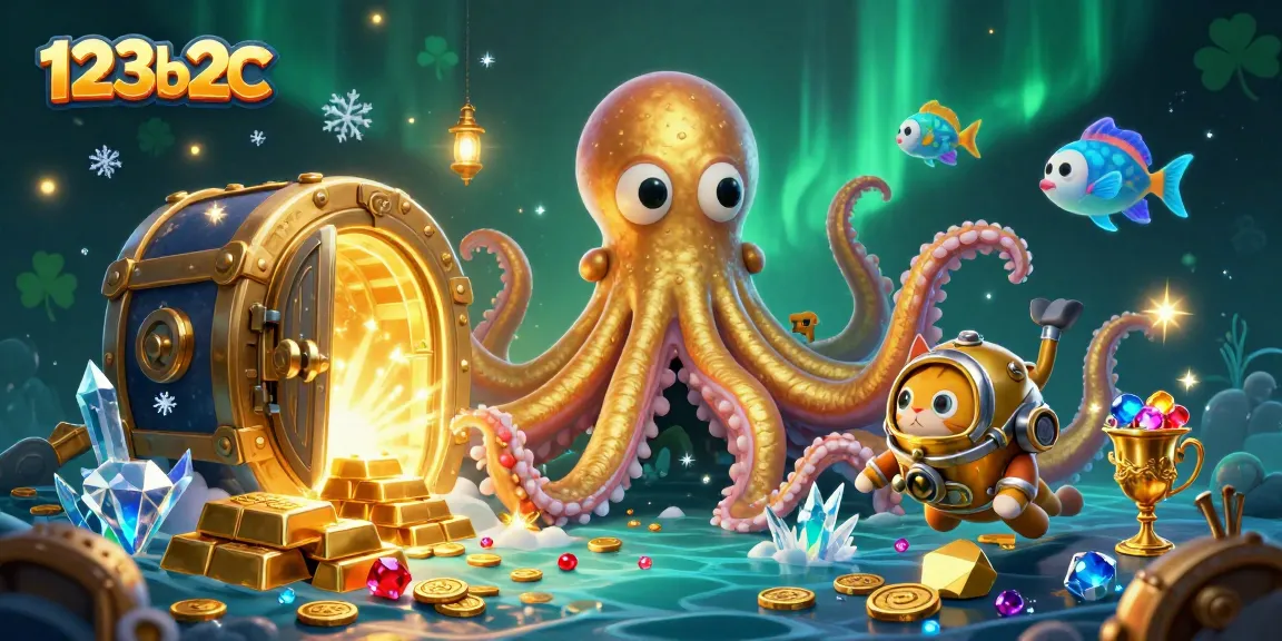 Win big with 123b2c's dazzling treasure scene featuring a kraken and diving cat in a vibrant casino setting.