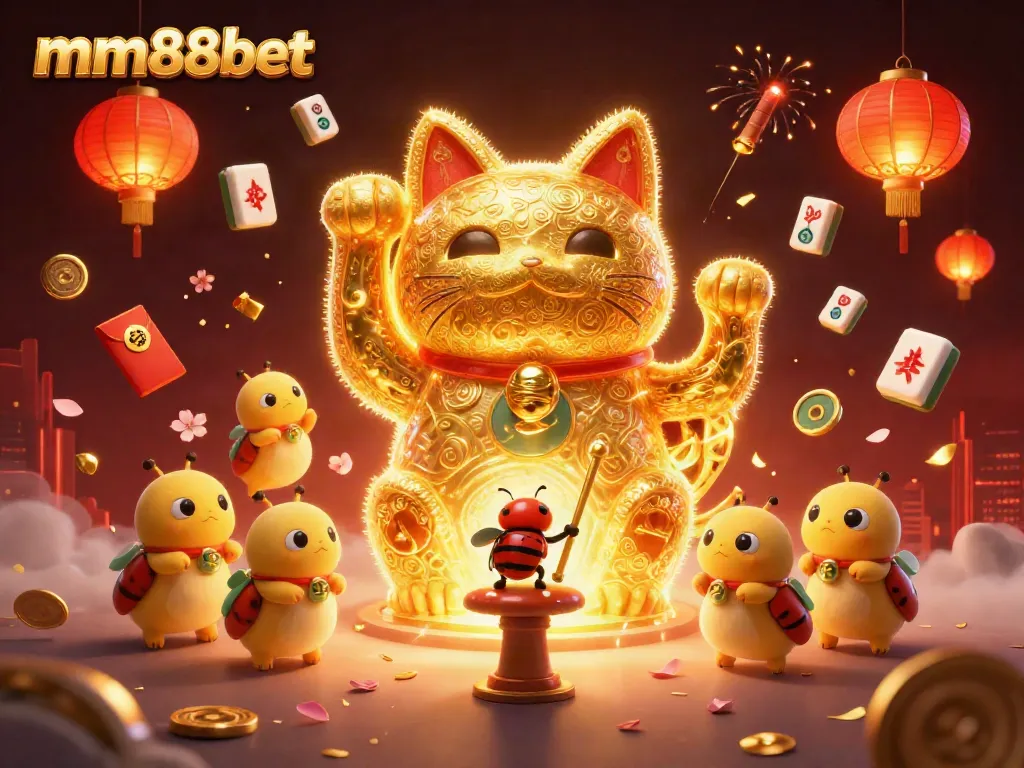 Experience mm88bet's vibrant gaming atmosphere with a lucky cat made of fireflies and casino symbols.