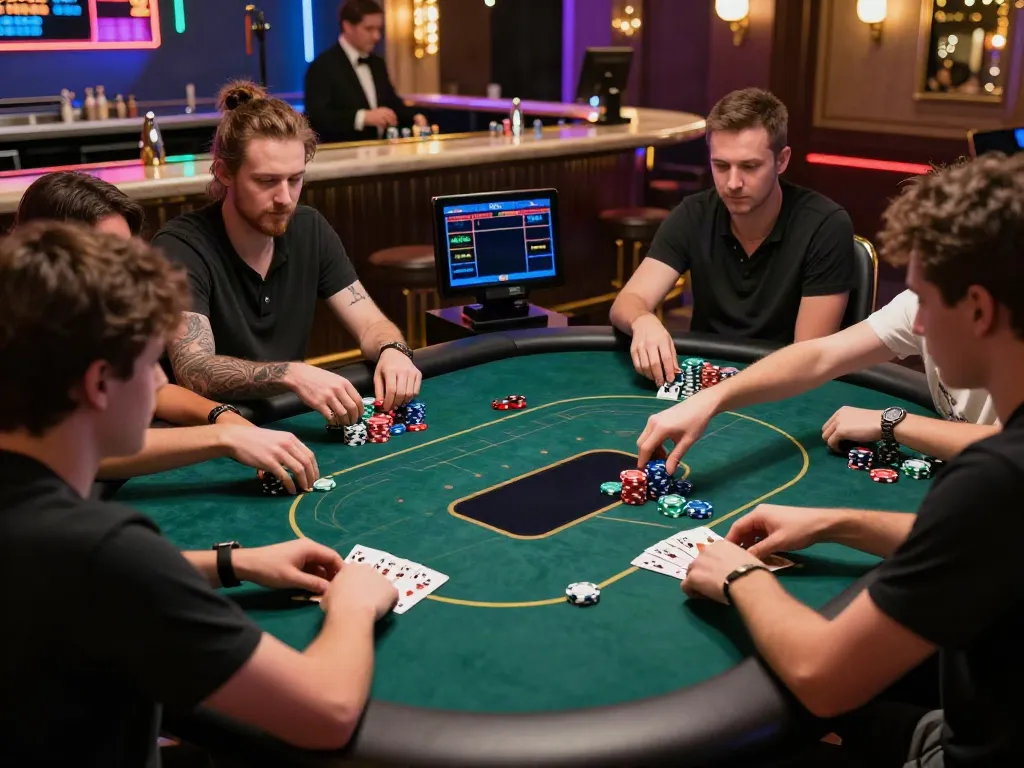 LU88 online gaming experience with players at a dynamic poker table surrounded by vibrant casino ambiance.