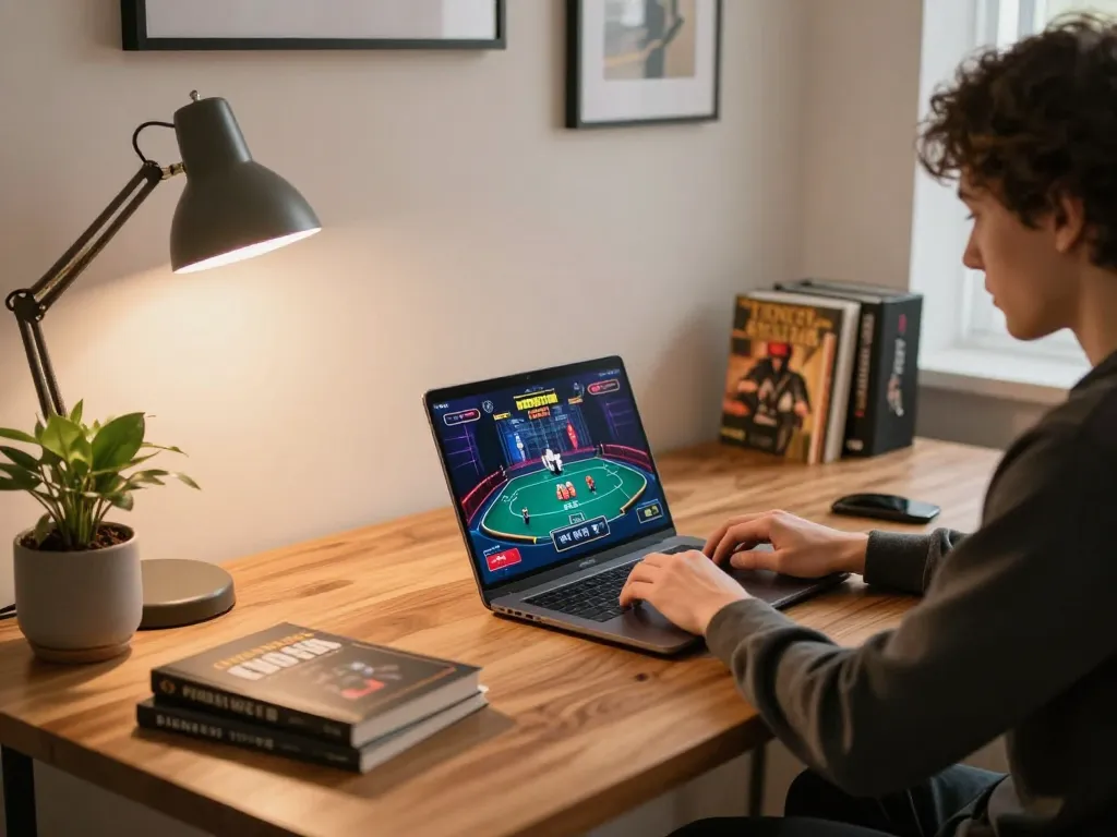 Player engages with TR88 poker game on a laptop in a stylish home office setting