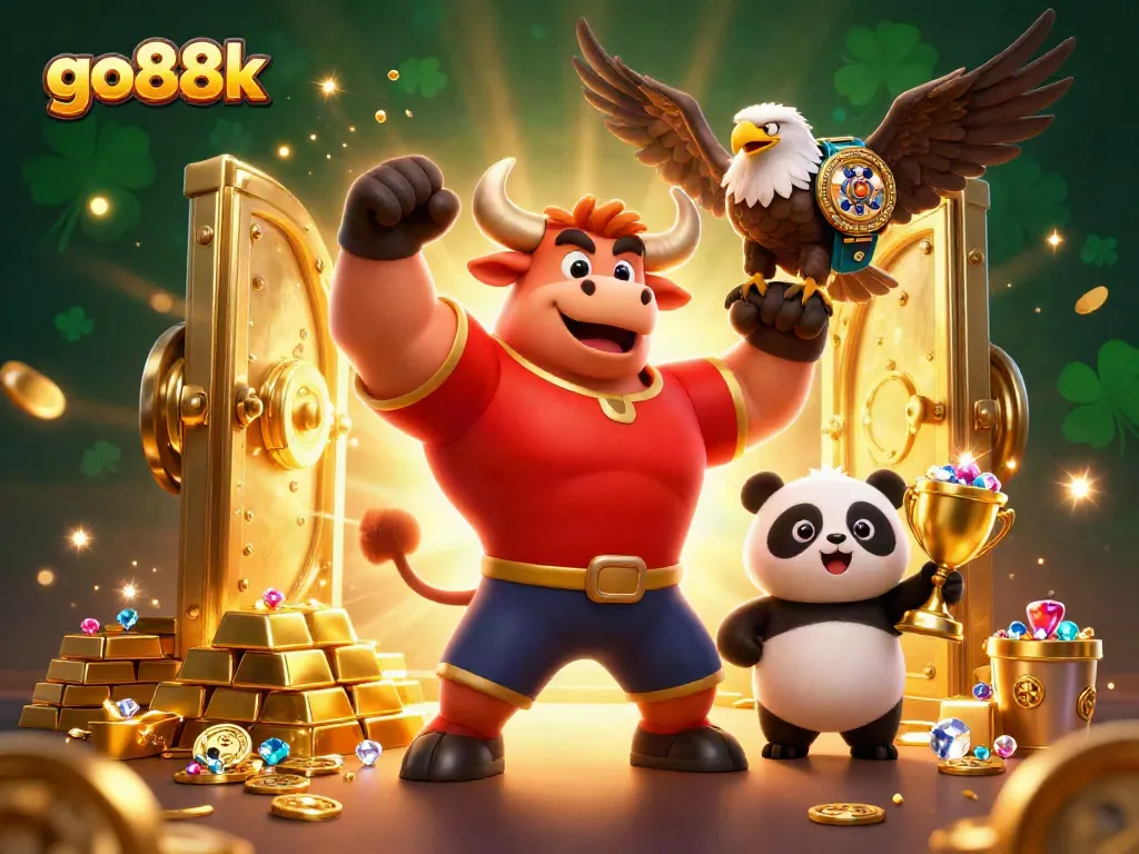 Win big with go88k at an energetic casino scene filled with gold, jewels, and animated characters.
