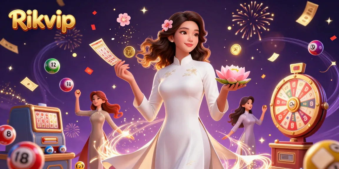 Experience exciting wins at Rikvip with vibrant lottery elements and a charming, elegant host.