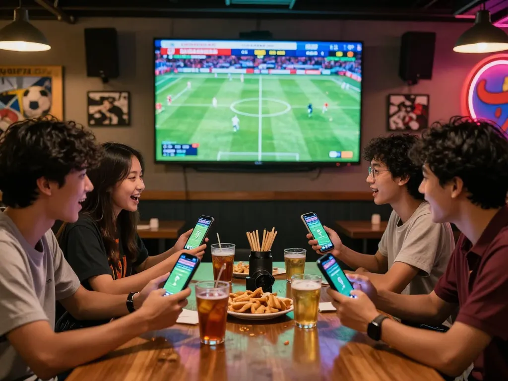 Kèo bóng đá trực tuyến scene in a lively sports bar with friends watching a match and checking odds.