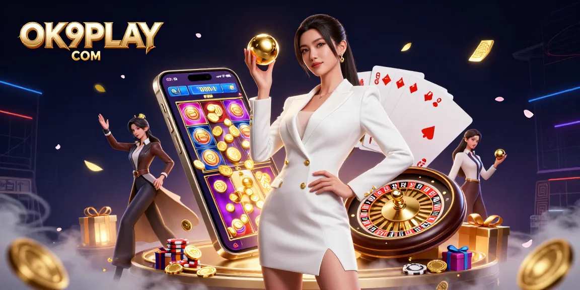 Experience excitement at OK9PLAY COM with a stunning 3D casino scene showcasing vibrant games and an elegant character.