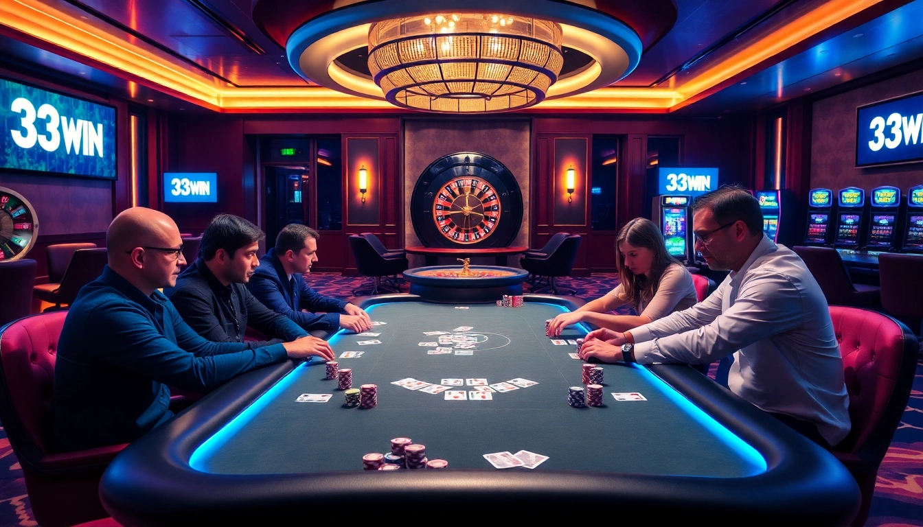 Experience the excitement of high-stakes poker at 33WIN's luxurious casino setting.