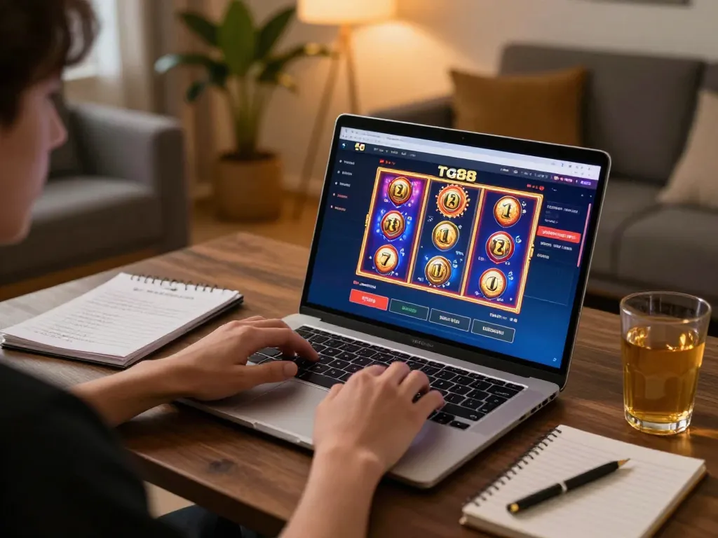 Player enjoying tg88 casino slots on laptop, cozy gaming atmosphere with strategic notes.