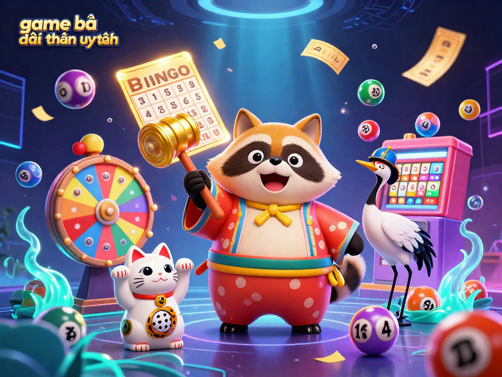 Engaging 3D illustration of game bài đổi thưởng uy tín featuring a joyful tanuki, crane, and waving fortune cats.