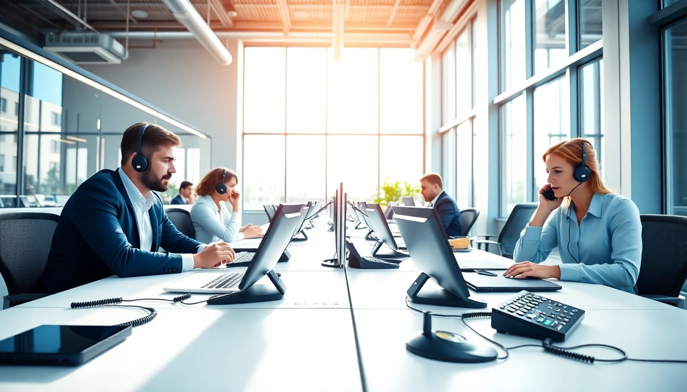 Engaged professionals utilizing business phone systems in a modern office environment.
