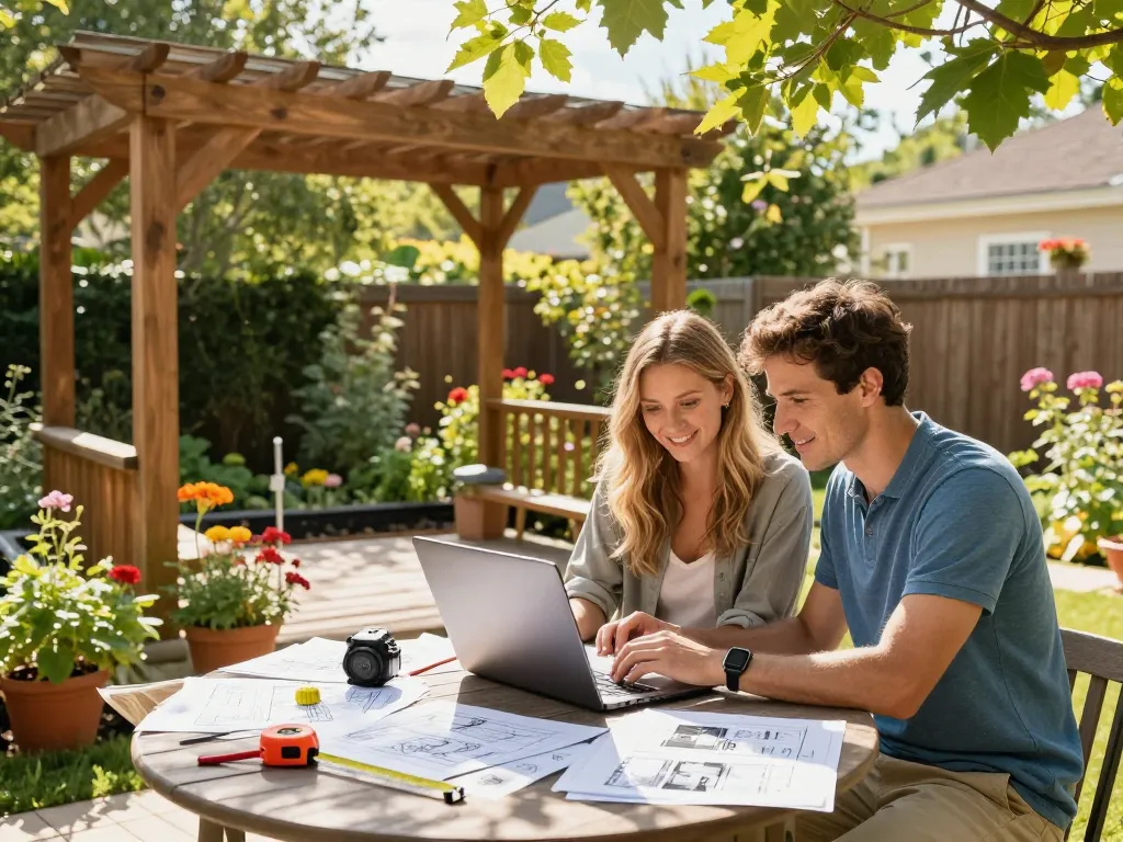 Couple using a pergola 3D planner in a vibrant garden to design their outdoor space.