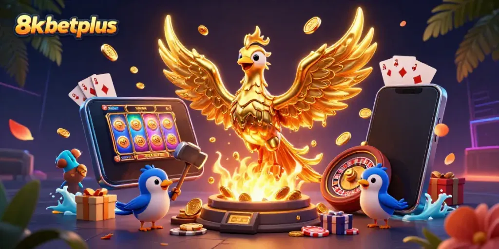 Engage with 8xbetplus through a dynamic casino scene showcasing molten gold and vibrant gaming elements.