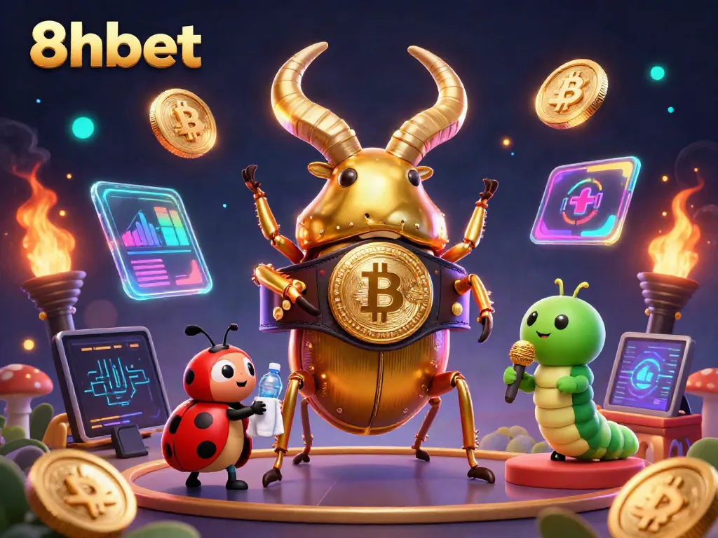 Engage in thrilling gaming with 8xbet, showcasing a vibrant 3D beetle boxing champion in a neon-lit crypto scene.