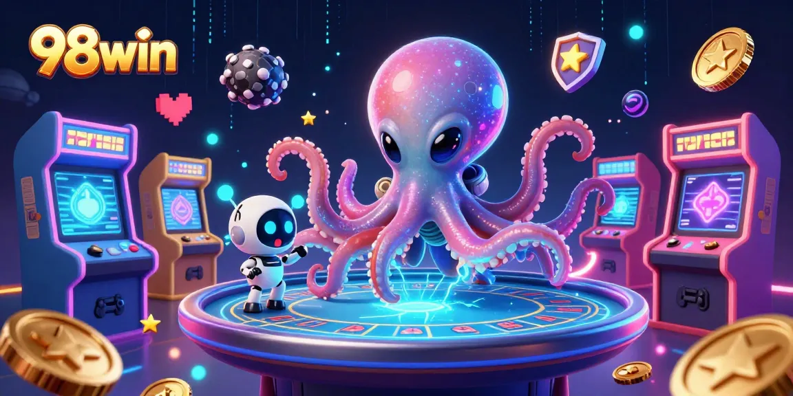 Win thrilling games at 98win with an octopus dealing poker at a space-themed casino.