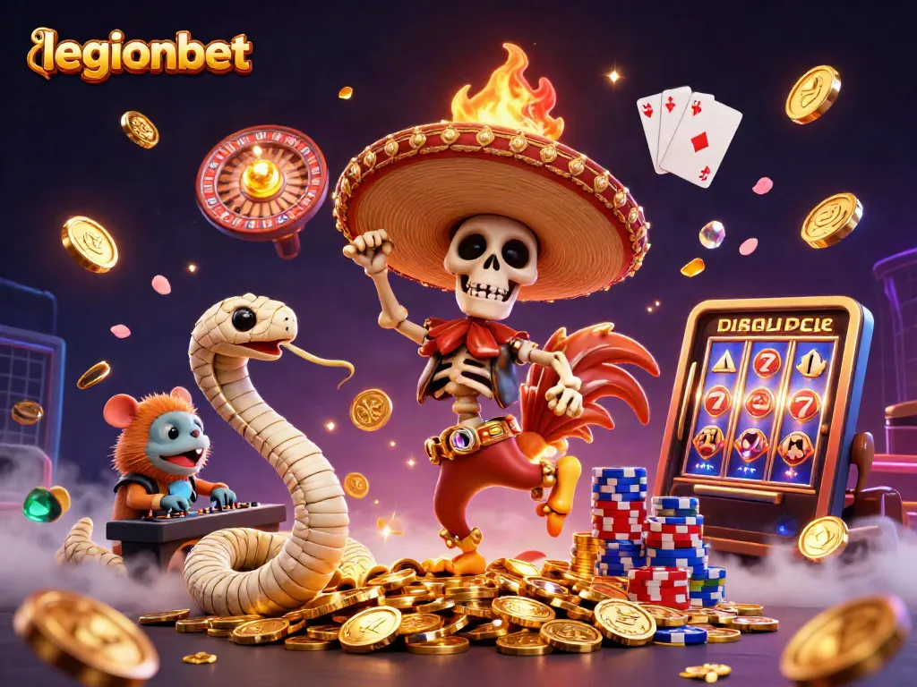 Legionbet features a vibrant casino scene with a skeleton mariachi, mummy snake, and zombie DJ celebrating among golden coins and slot reels.