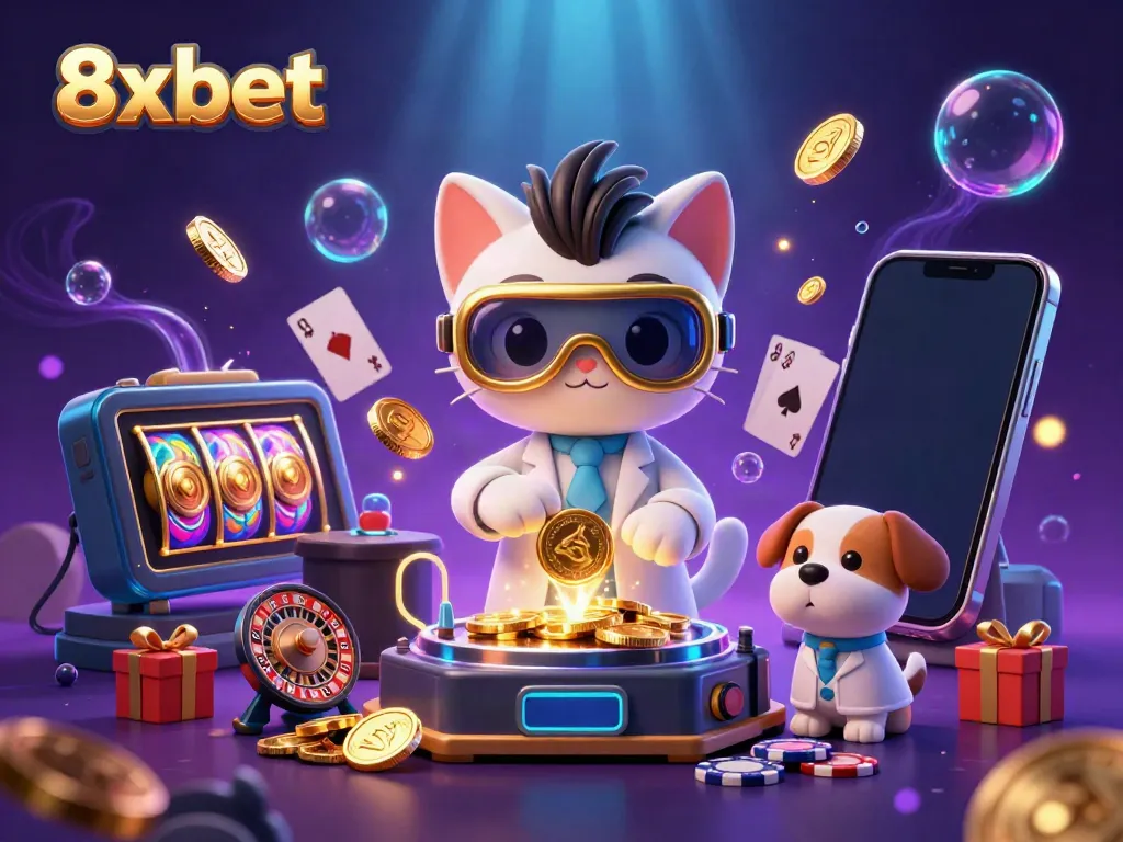 Experience the excitement of 8xbet with 3D cartoon characters in a vibrant casino lab scene.
