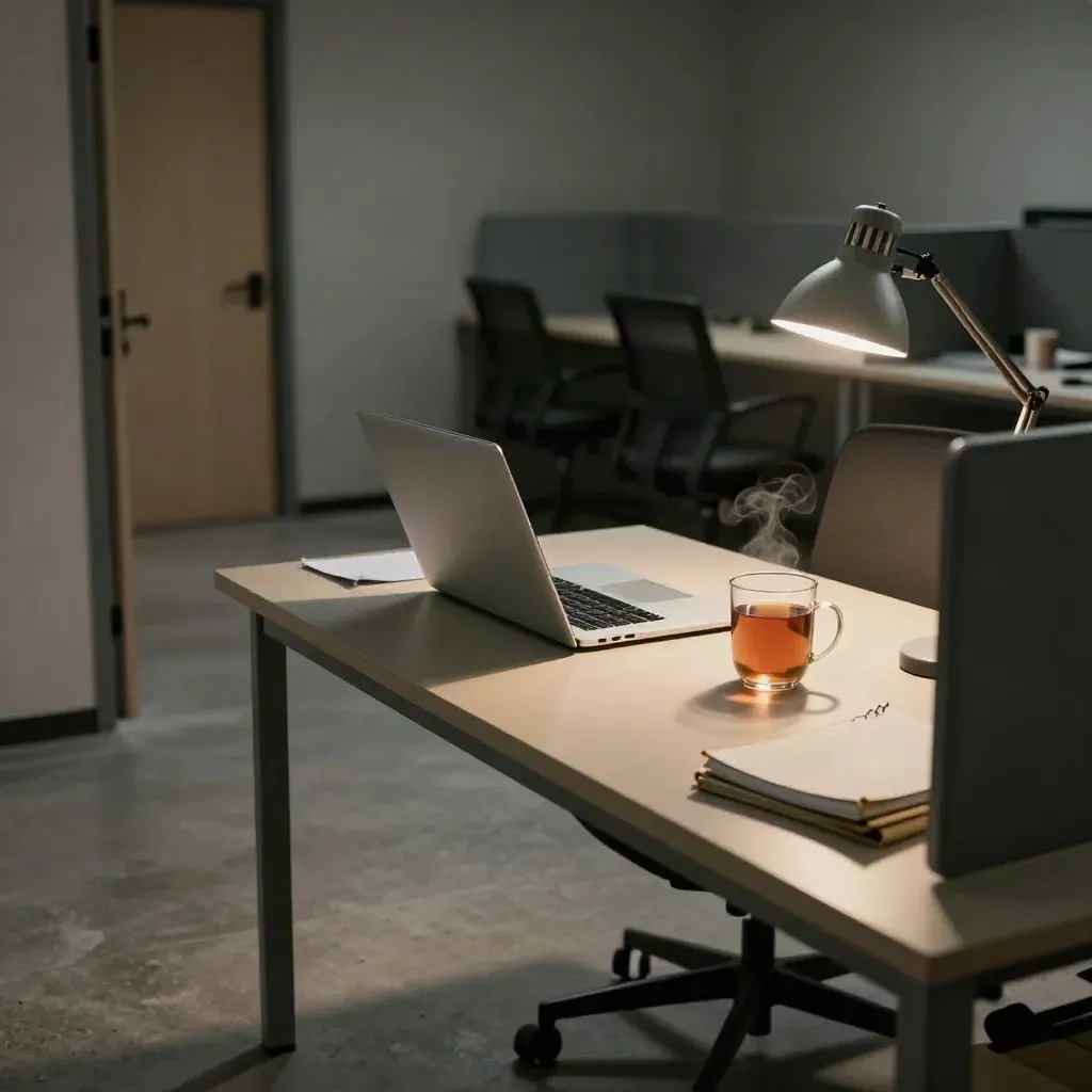 Deserted office desk with half-closed laptop, tea, notebooks and a long shadow in warm lamplight.