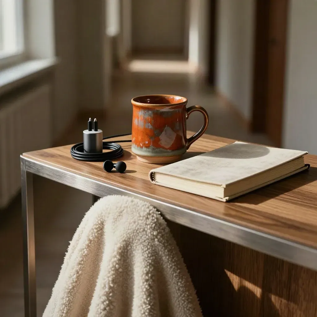 Hallway console with mug, charger, earplugs case, blanket spill, and closed journal in warm light