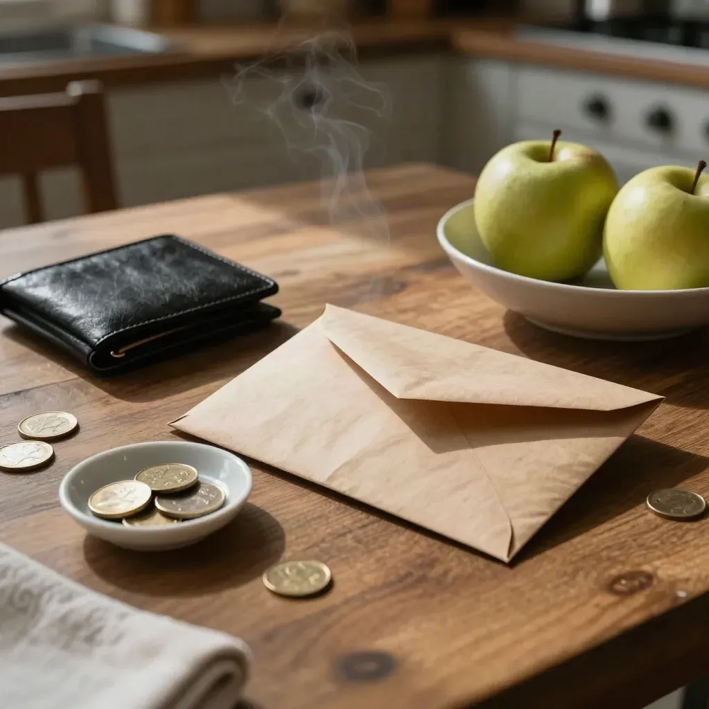 Unopened envelope, wallet, coin dish and apples on a kitchen table with kettle steam.