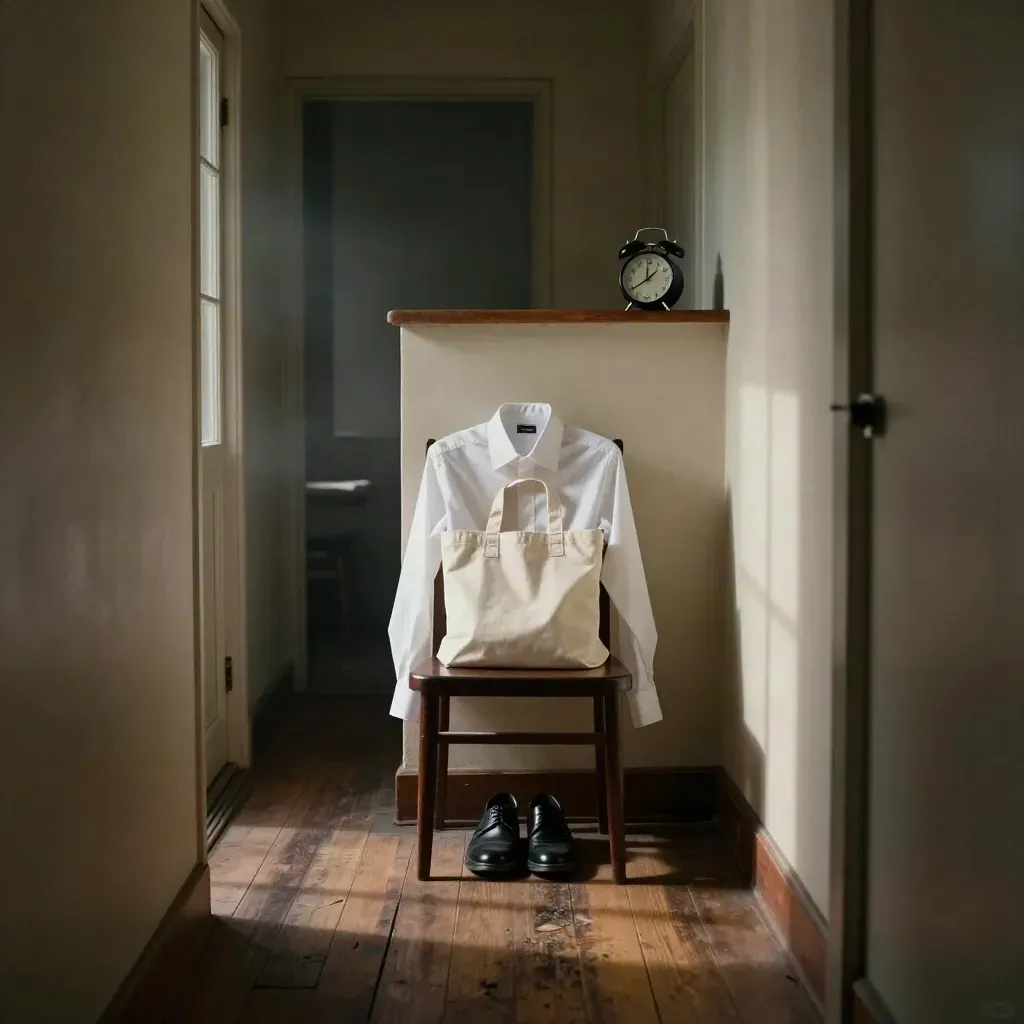 Hallway chair with shirt, tote, shoes and alarm clock before dawn in a dark doorway.